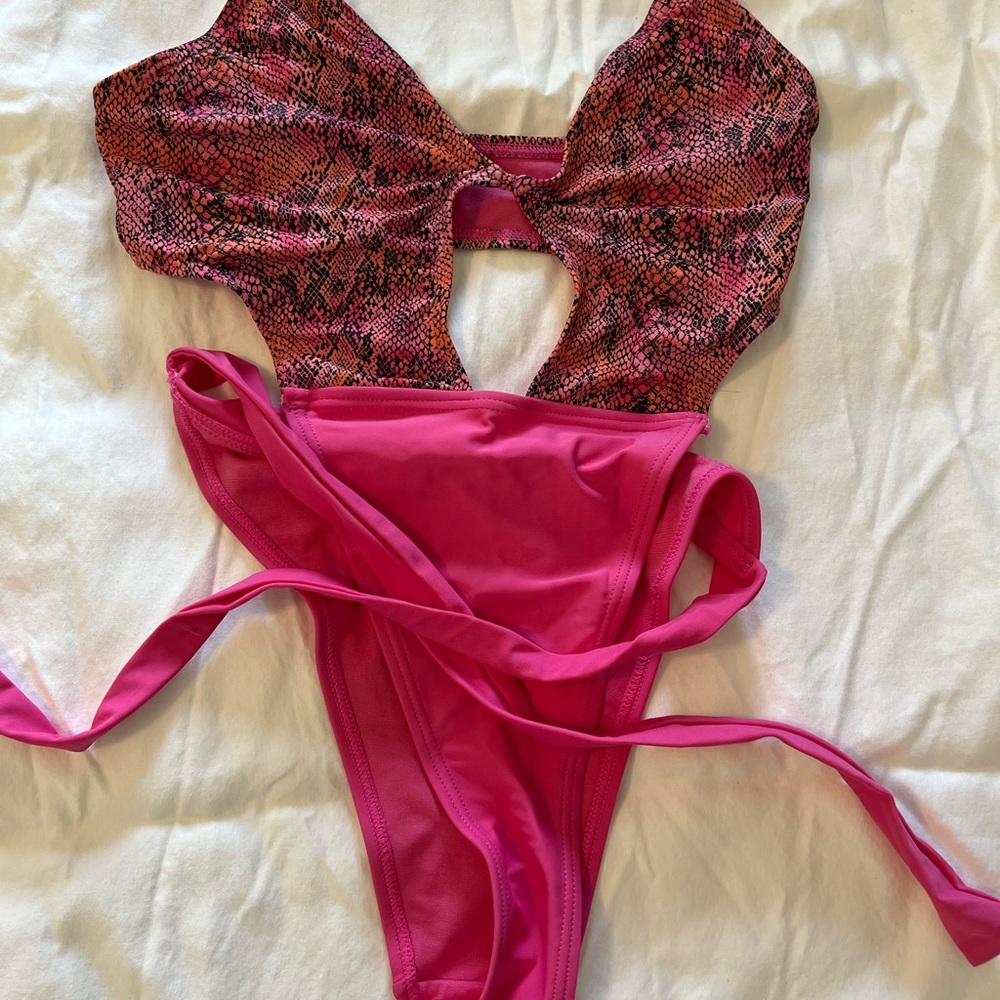 Pink Snakeskin Cutout Swimsuit